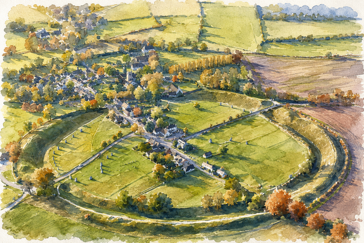 Watercolour aerial view of Avebury village and henge