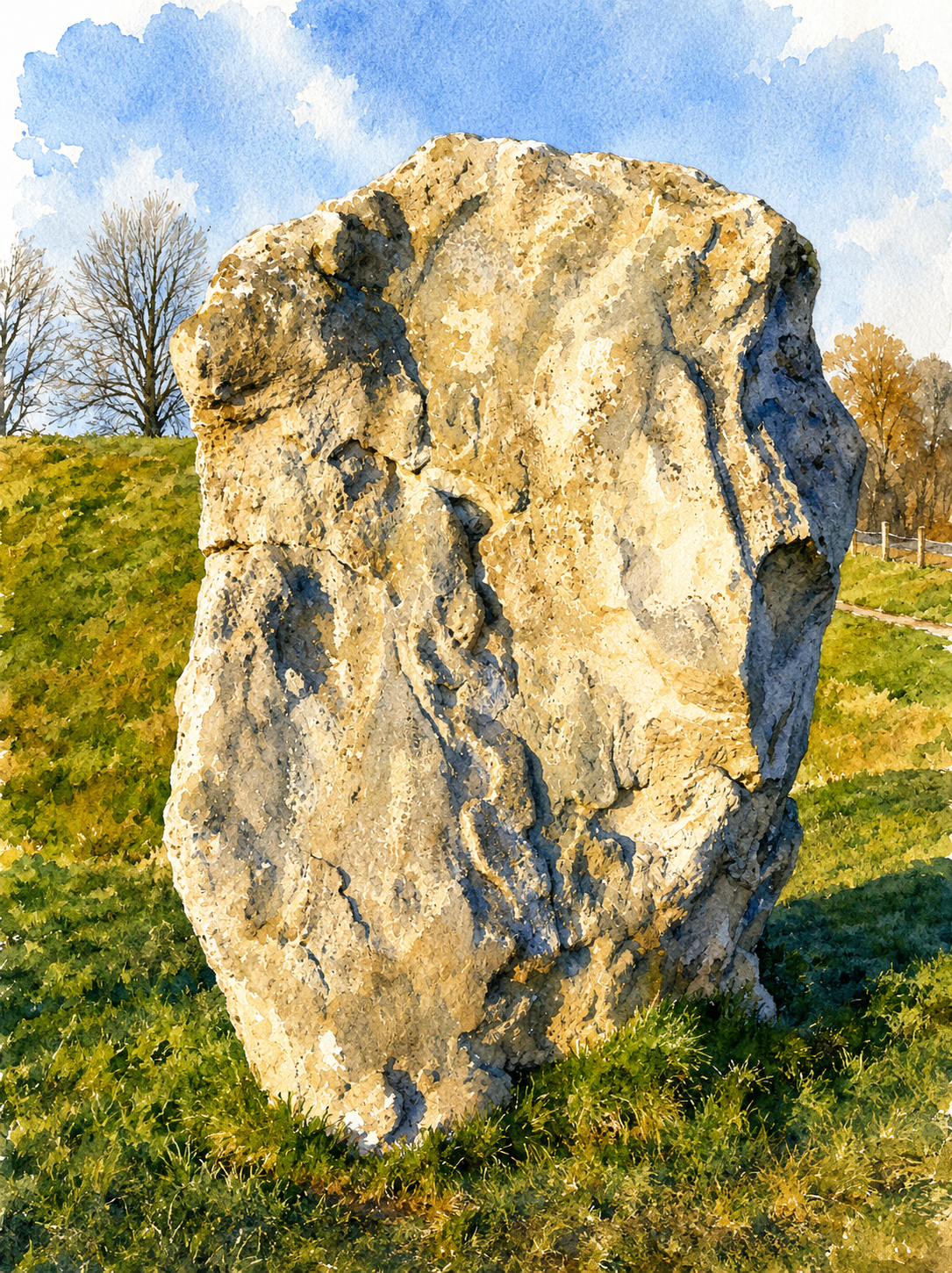 Watercolour painting of a single Avebury standing stone in open grassland